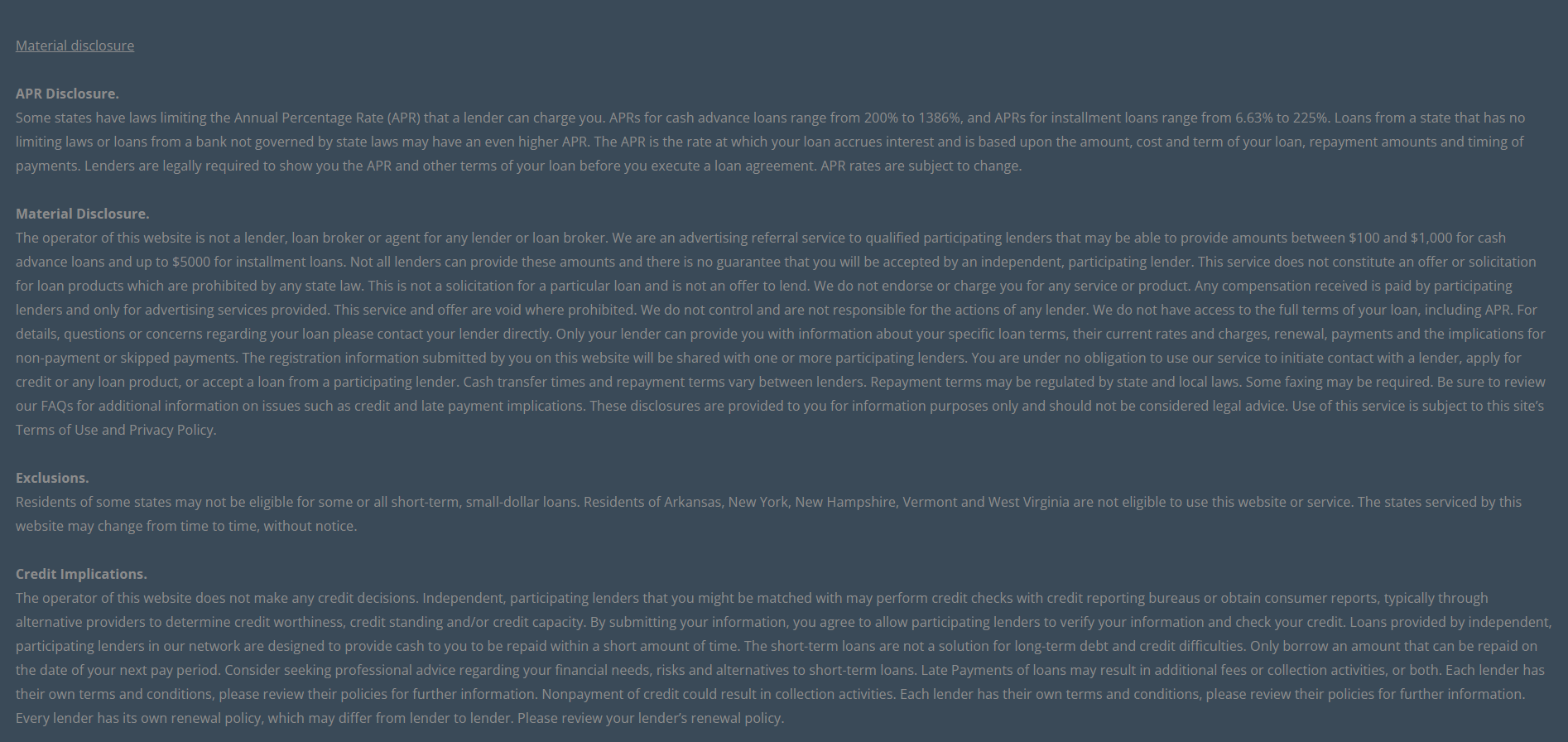 Material disclosure for payday loans in Montgomery Alabama